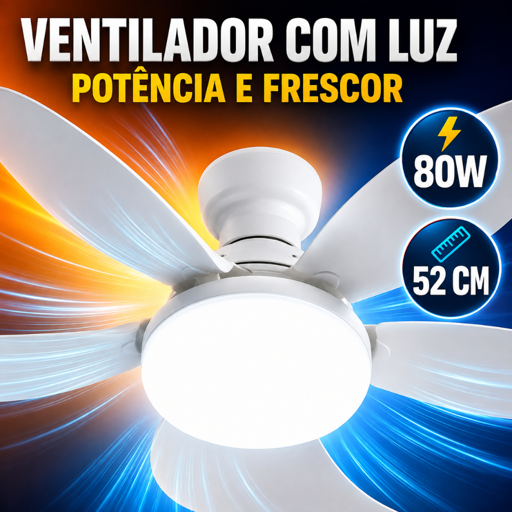 Ventilador de Teto 52CM 80W Lâmpada 3 Cores E27 Silencioso Bivolt 2 em 1 Controle Remoto PREMIUM Branco