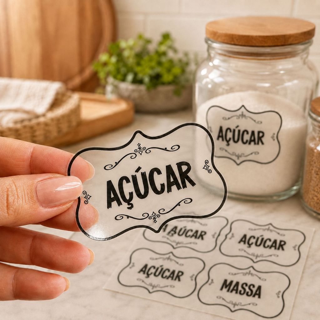 50 Adesivos de Vinil Transparente para Potes de Cozinha Temperos Mantimentos Organização 5x3cm