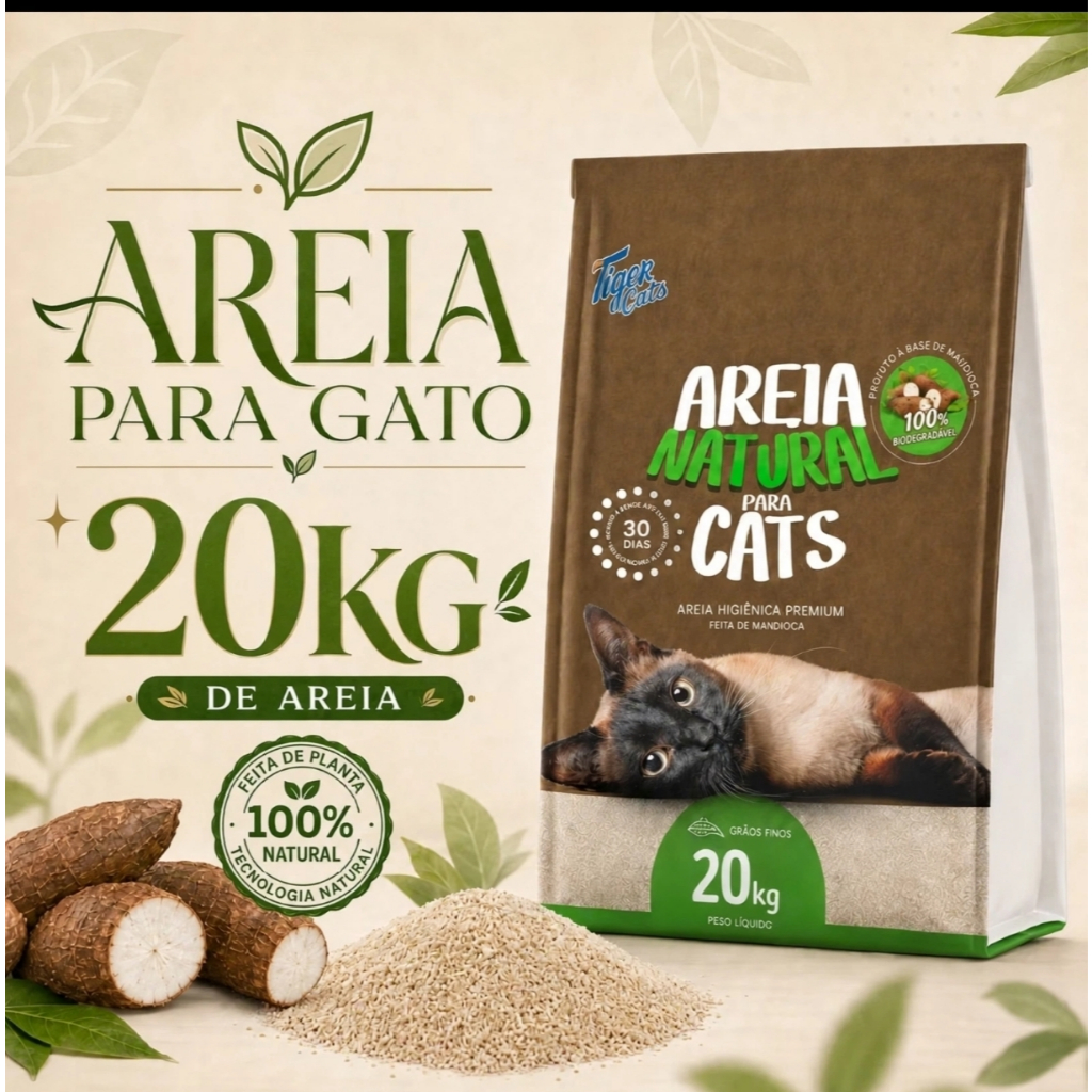 CX Com 20kg de Areia Higiênica Natural Mandioca Biodegradável Gatos Tiger Cats 4kg,cx com 5 pcts de 4kg cada