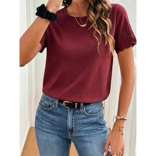 Blusa Simples Liso Feminina Verão Primavera Gola Redonda Com Renda Bordado de ilhó Formato leque Bainha com babado Praia