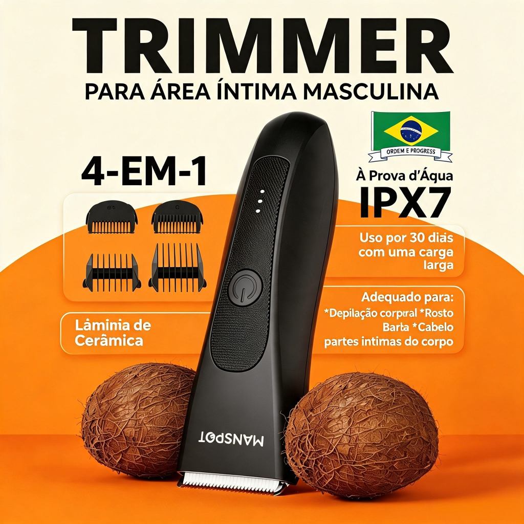 Aparador de Pelos Masculino Elétrico MANSPOT, Lâmina Cerâmica, Motor 7000 RPM, À Prova d'Água, para Corpo e Áreas Íntima