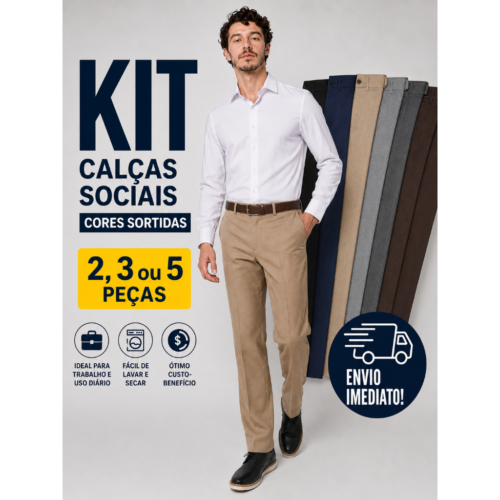 Kit Calça Social Masculina Reta Cores Sortidas Confortável Trabalho Dia a Dia 38 ao 48