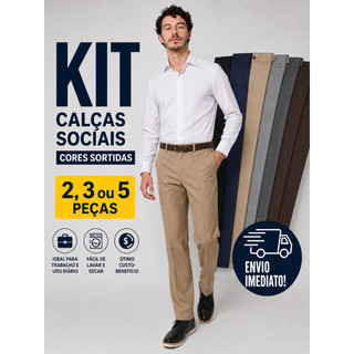 Kit Calça Social Masculina Reta Cores Sortidas Confortável Trabalho Dia a Dia 38 ao 48