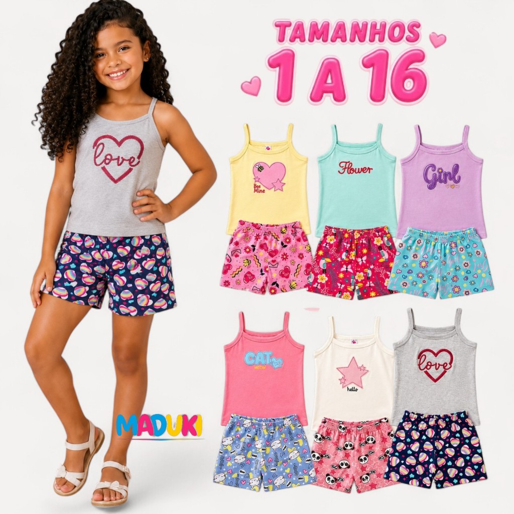 Kit Infantil  6 Peças Menina Verão Alcinha Bordada Shorts Estampado Fresquinho 1 a 16