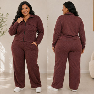 Conjunto Feminino Inverno Plus Size Pantalona casaco Elegante Bolso e Zíper confortável estiloso moda tricô quentinho