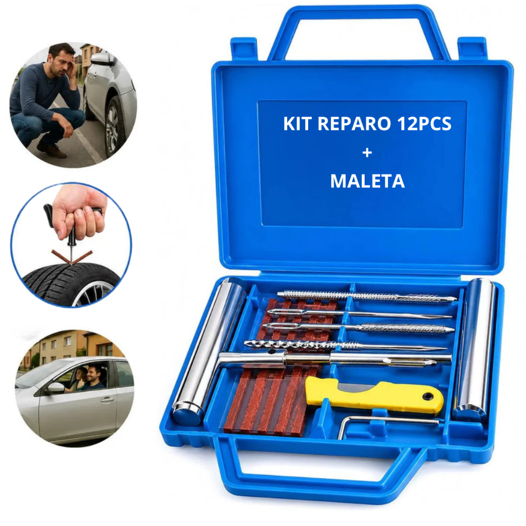 Kit Reparo Pneu Carro e Moto Macarrão Remendo furo Metal C/ Maleta Borracheiro Profissional 12 peças