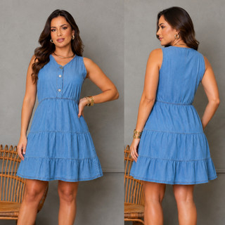 Vestido Jeans Feminino Curto com Botões e Cintura Marcada