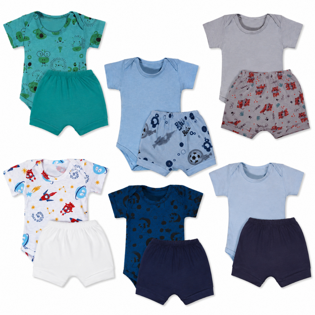 Kit 10 Pçs Body E Shorts Bebe Estampado Malha 100% Algodão Menino Ou Menina