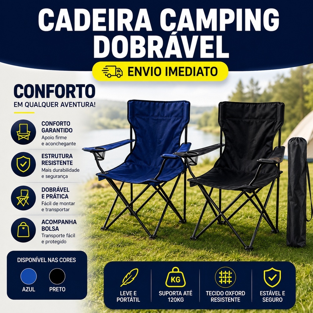 Cadeira Dobrável Compacta Em Aço Camping, Pesca, Praia, Acampamento com Porta Copos Com Bolsa Transporte