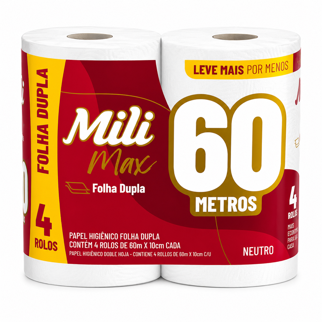 Papel Higiênico Folha Dupla 4 X 60 Metros Branquinho Macio Neutro 4 Super Rolos Mili Max
