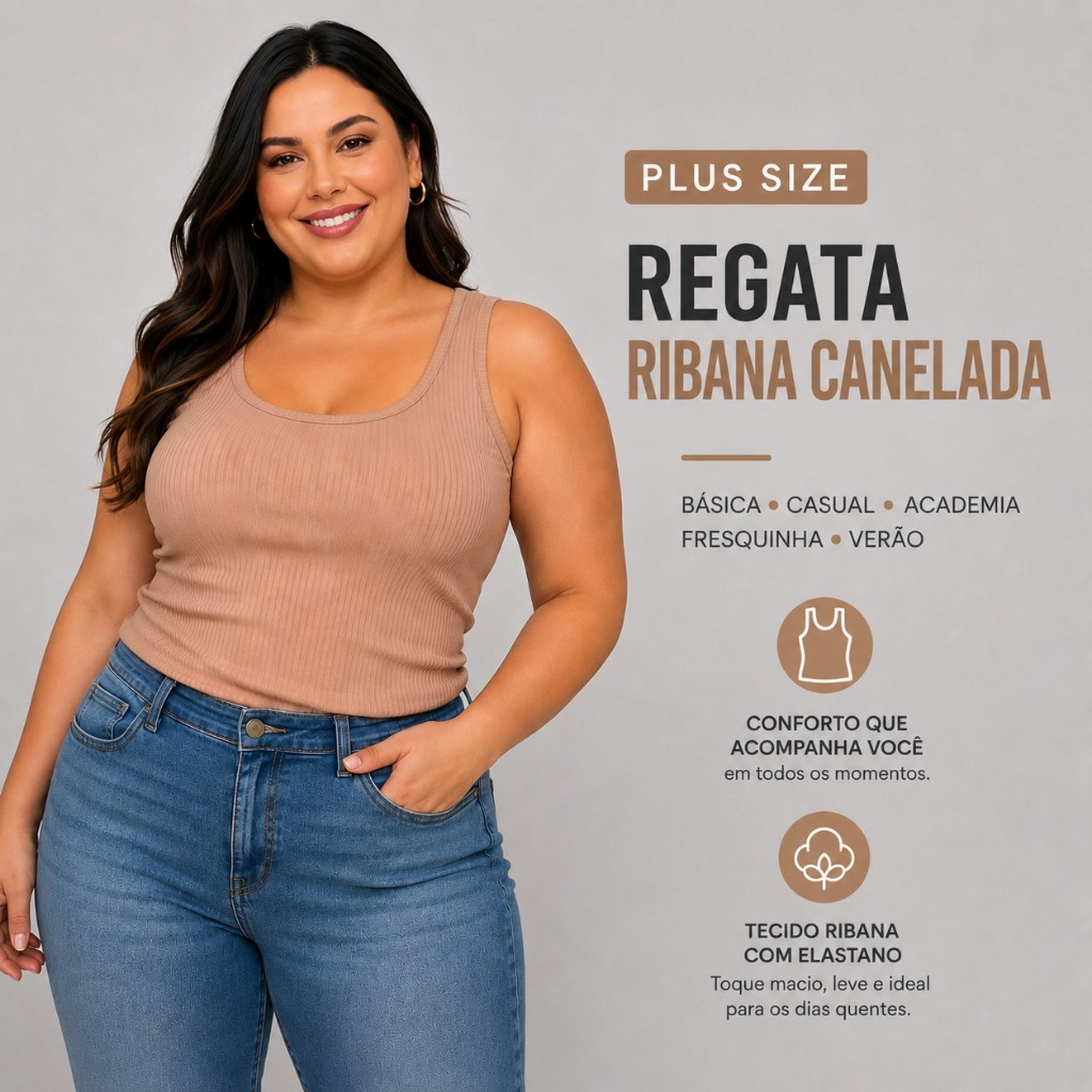 Regata Feminina Plus Size Ribana Canelada Elastano Básica Casual Academia Fresquinha Verão 25722-A