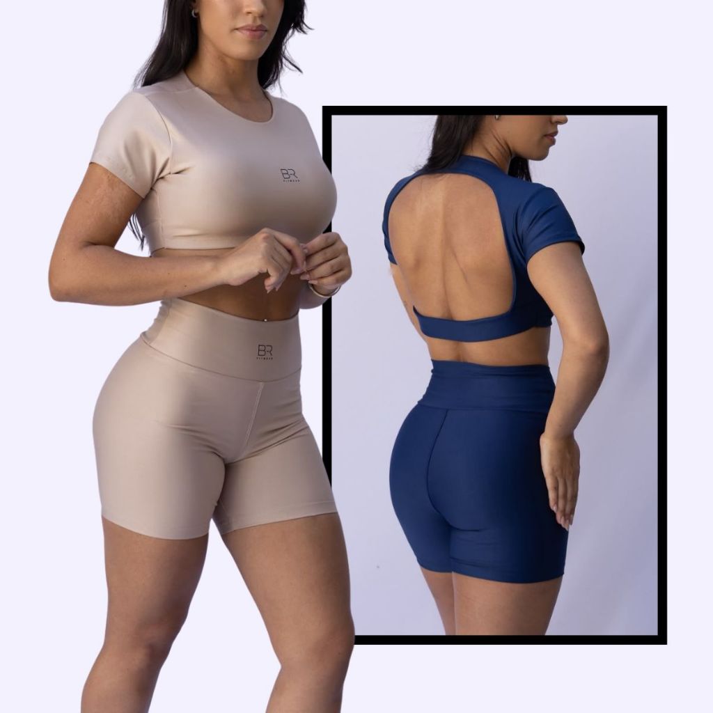Conjunto Fitness Feminino Top Cropped Manga Curta Costas Abertas + Short Cintura Alta Academia Treino
