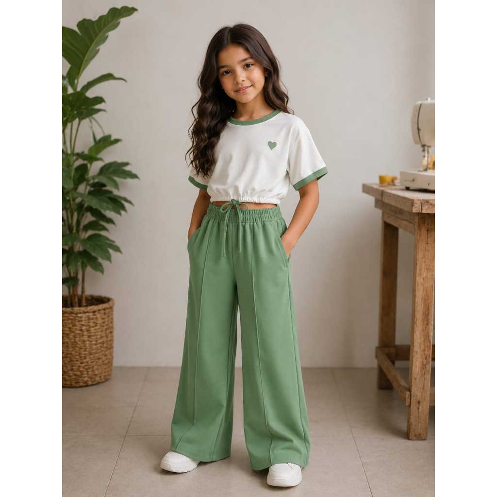 Conjunto Infantil Feminino Cropped + Calça Pantalona Estiloso Confortável Casual
