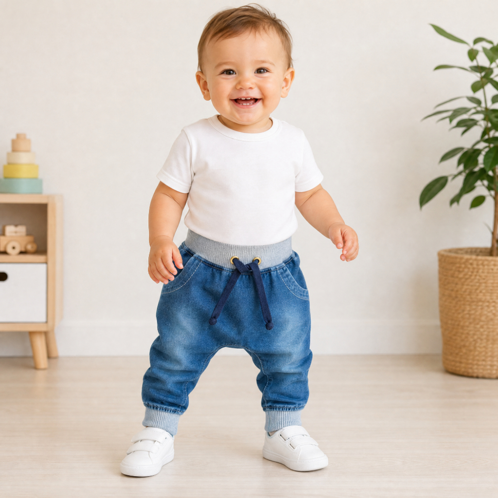 Calça de Bebê e Infantil Menino com Bolso Jeans com punho e Cós regulagem com Cadarço Esiloso Festas Aniversario