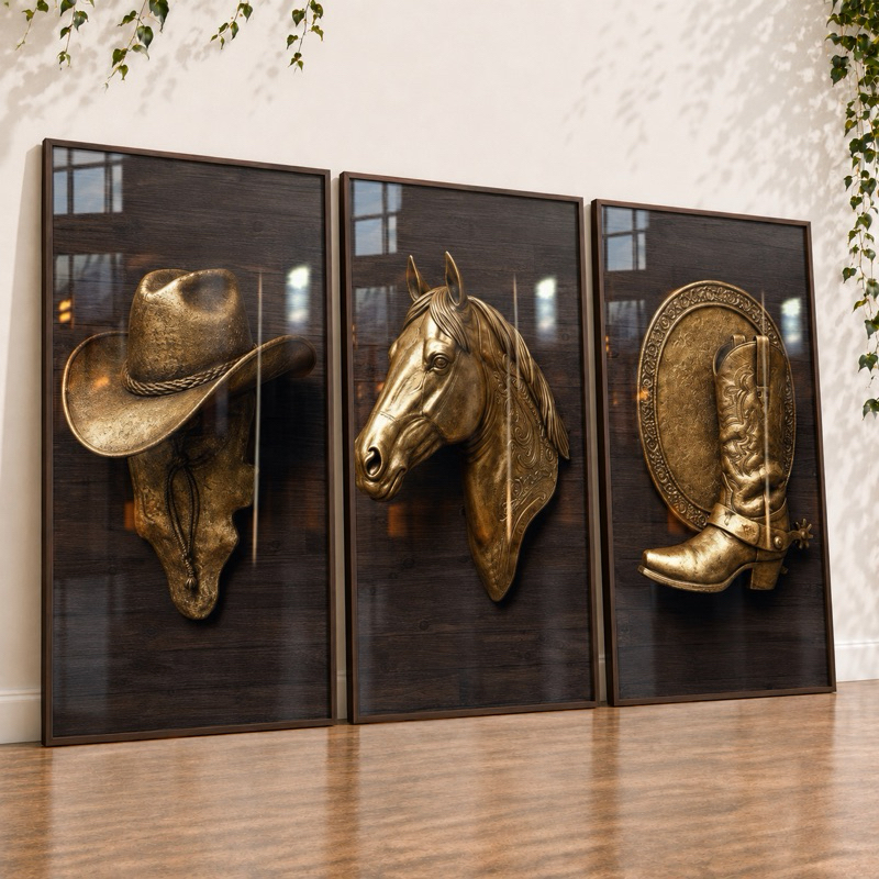 Quadros Decorativos Trio para Sala Quarto Moderno Chapéu Cowboy Cavalo Bota Marrom