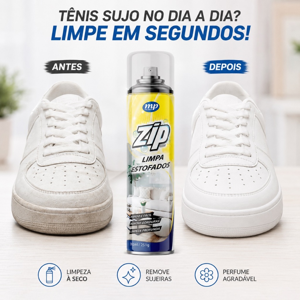 Limpa Tênis Zip Clean Spray Limpeza a Seco Remove Sujeira e Odores Tênis Calçados Espuma Spray 300ml