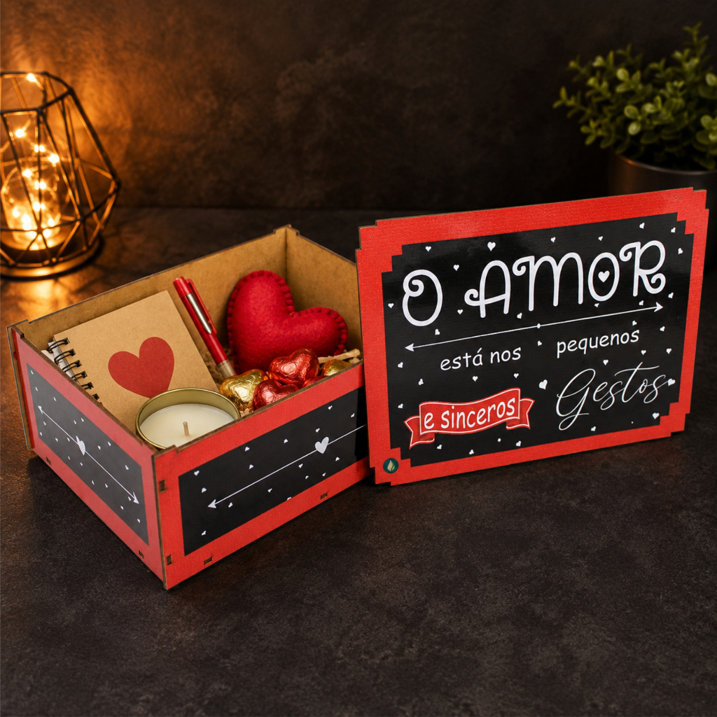 Caixa Organizadora MDF com Tampa Presente O amor está nos pequenos e sinceros gestos 23x17x9 cm
