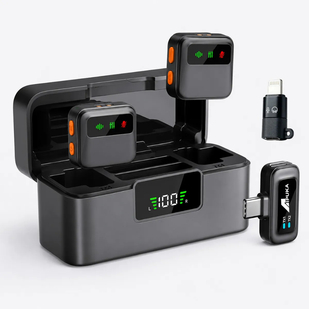 Microfone Lapela Sem Fio Duplo com Estojo Carregador  Cancelamento de Ruído para Celular Live iOS Android