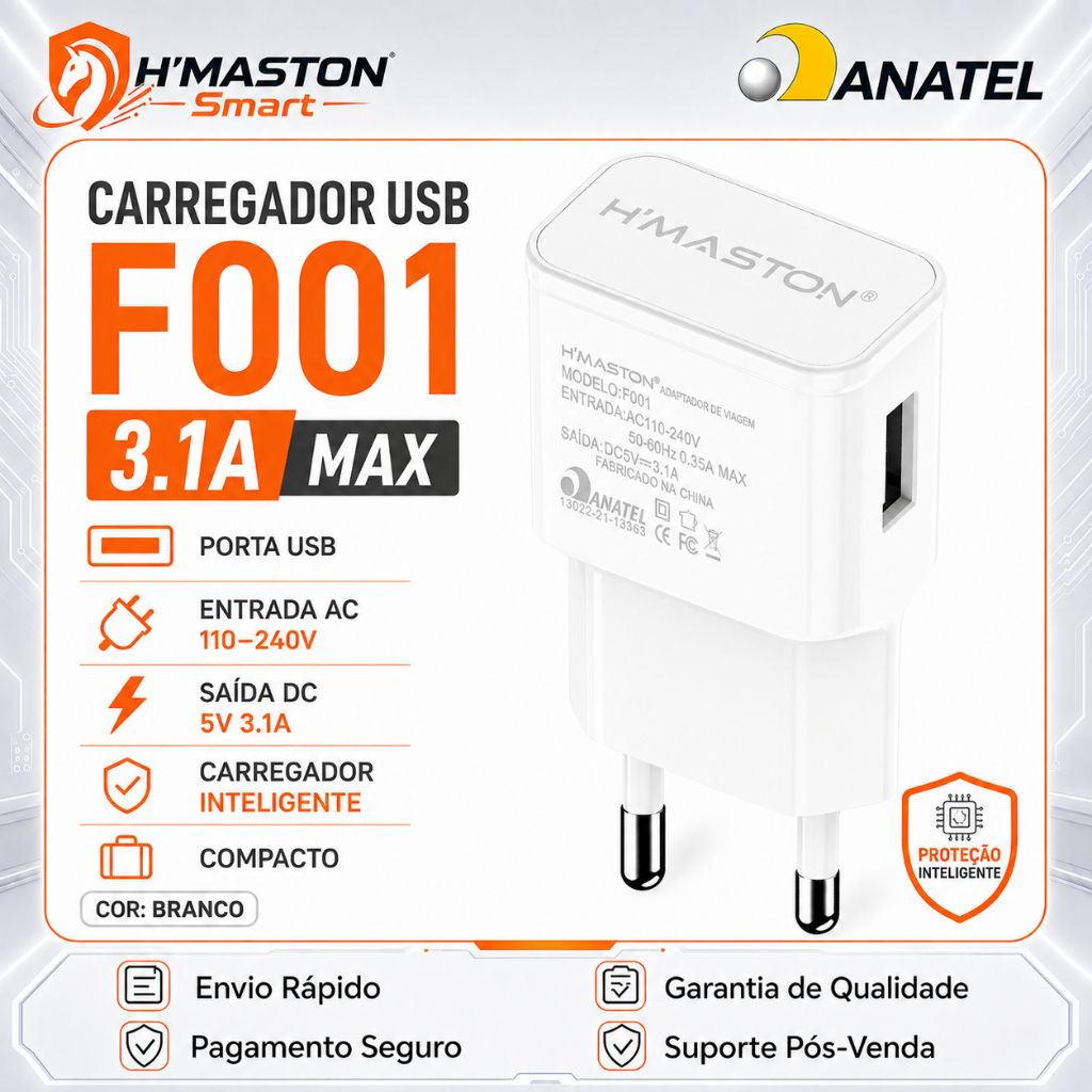 H'maston F001 3.1A MAX Cabeça De Carregador De Celular Carregador Celular Carregador Para Celular