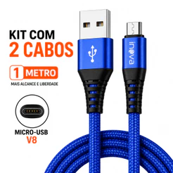 2 Cabos V8 Inova 3.4A – Nylon Reforçado, Carregamento Rápido para Celulares e Controles de PS4 Cabo Android V8 Micro USB