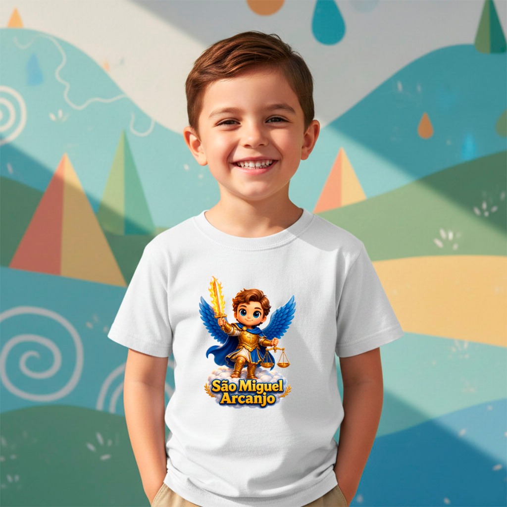 Camisa Camiseta Infantil e Juvenil São Miguel Arcanjo Fé Religião 109 Slim Confortável Casual 100% Algodão Premium