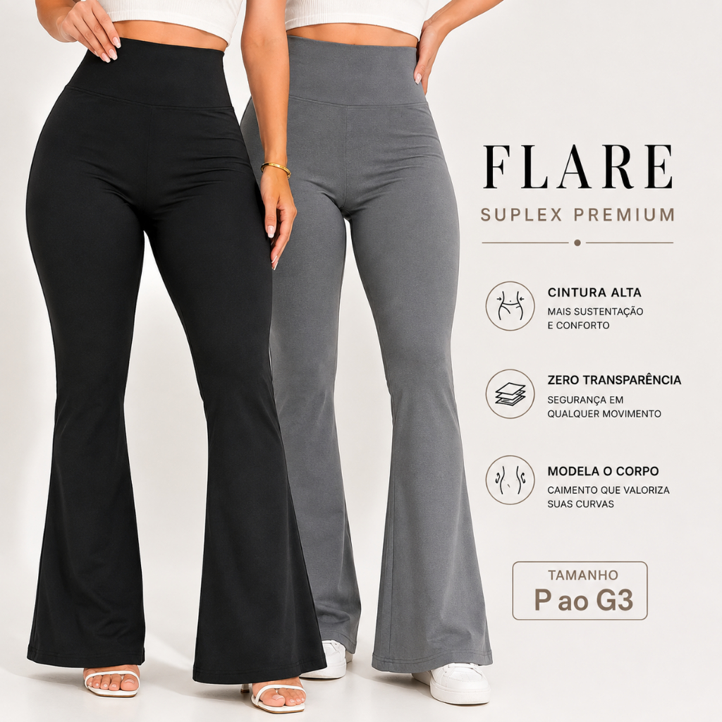 Calça Flare Feminina Suplex Premium Cintura Alta Zero Transparência Boca de Sino Bailarina Legging P ao G3