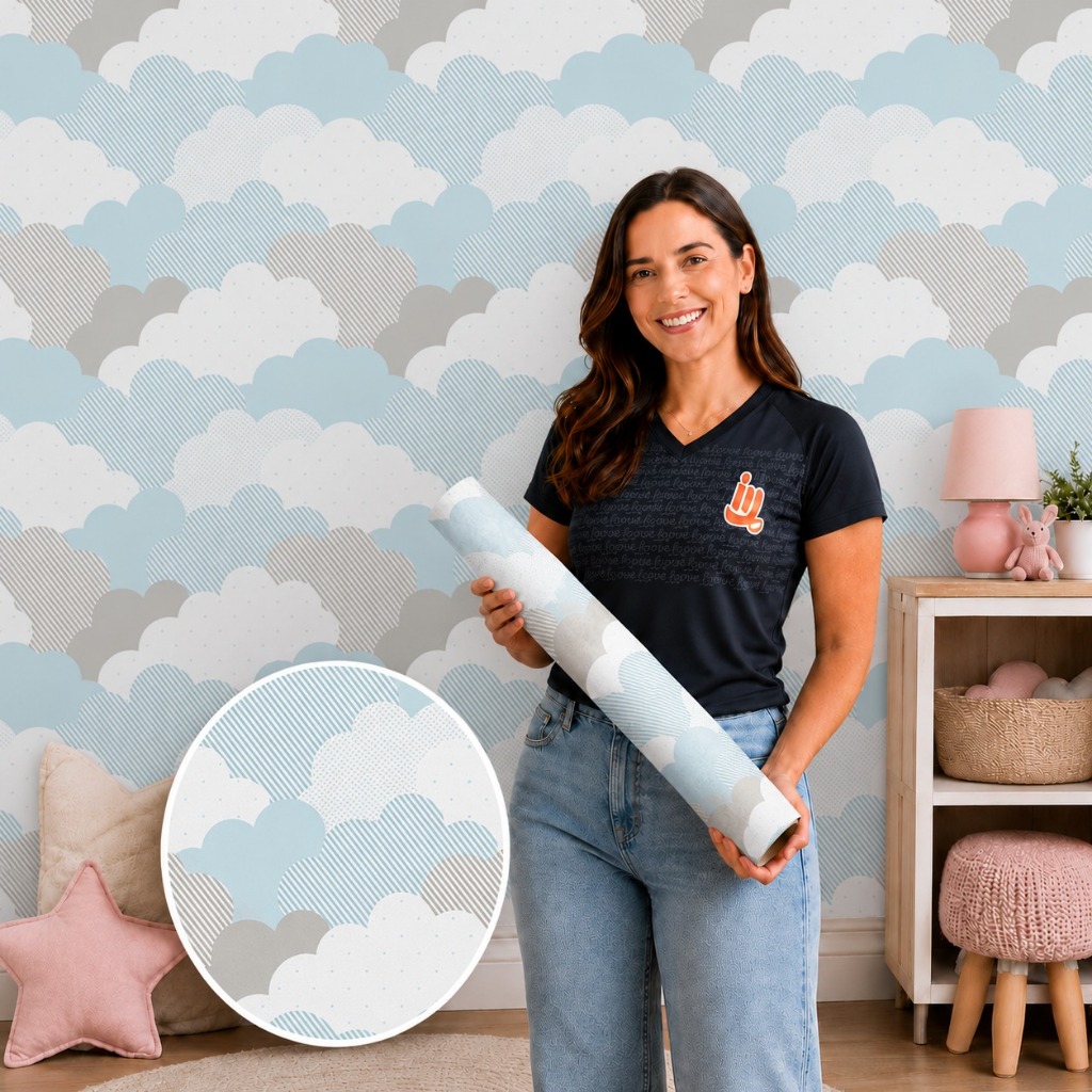 Papel de Parede Baby Nuvens de Algodão Azul Claro