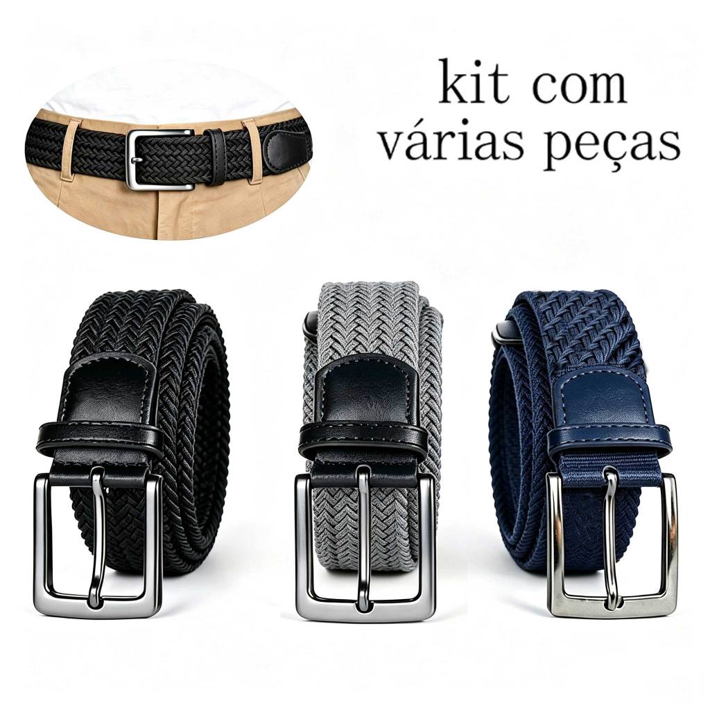 Cinto elástico trançado com fivela de couro, Tem elasticidade 120 cm – unissex e versátil Cinto