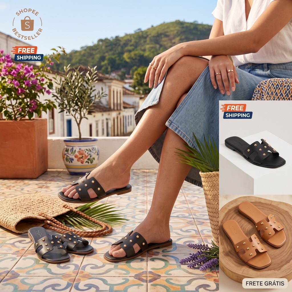Sandalia Feminina Rasteira Bonita, Confortavel, Moderna E Detalhada - Aga Com Bolinha