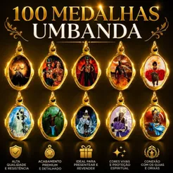 100 Medalhas Umbanda Douradas – Chapa Resinada para Proteção Espiritual e Fé