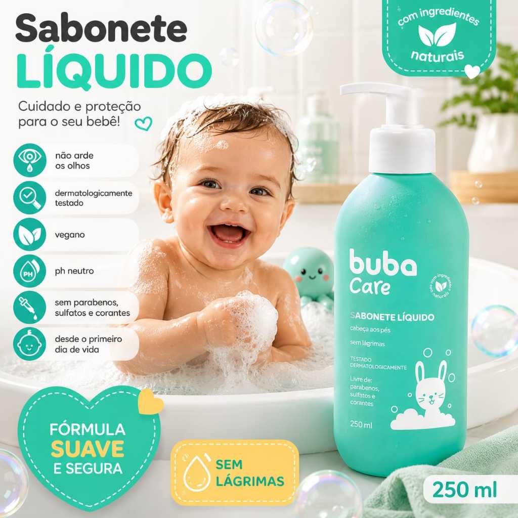 Sabonete Liquido Buba Care 25O Ml Para Bebe Infantil Sem Lagrimas Vegano Suave Sabonete Liquido