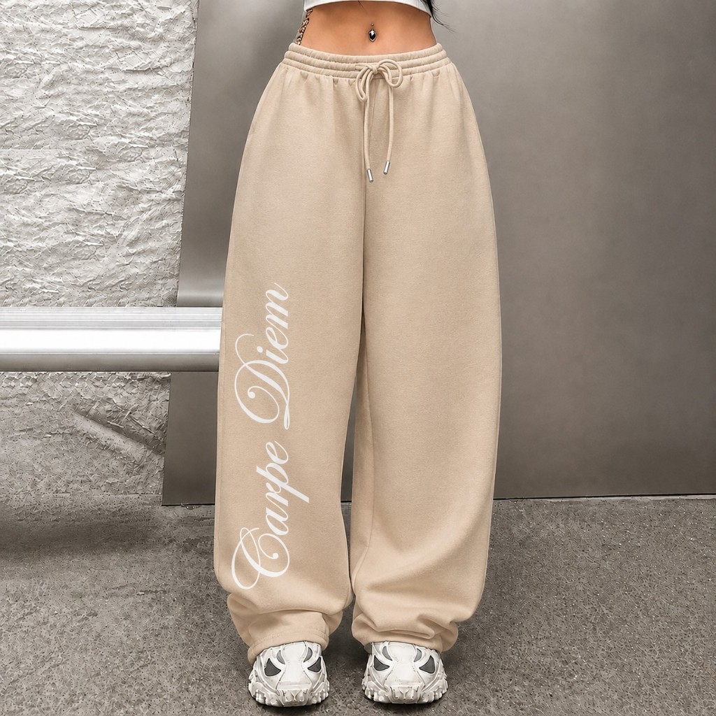 Calça Wed Leg Moletom Feminina Estampada Carpe Diem Y2k Streetwear Estilosa Lançamento