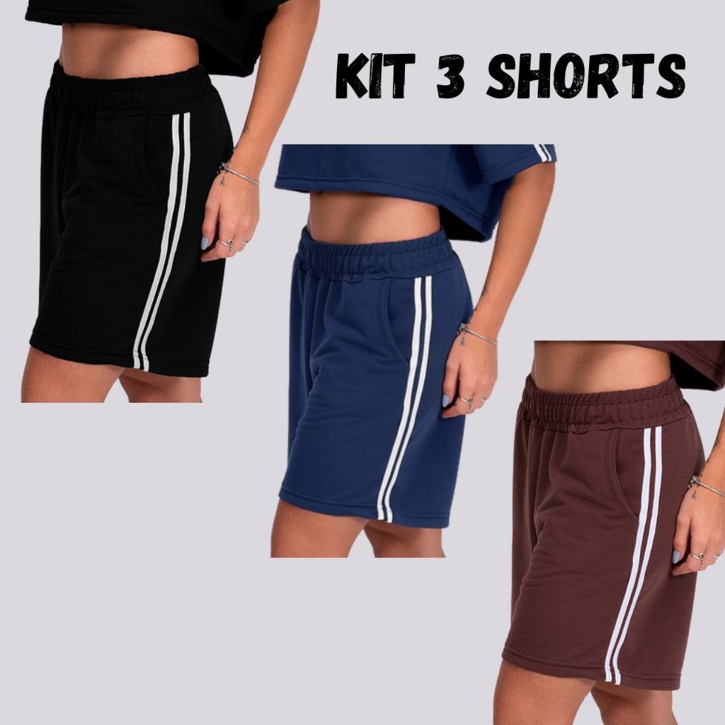 Kit Moletinho 3 Shorts Feminino com Listras Academia Treino dia a dia em Alta Conforto