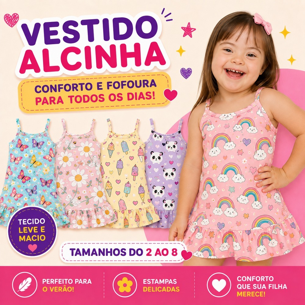 Kit Vestido Alcinha Fresquinho  Menina Leve Confortável Tropical Estampado Kit 2,3,4