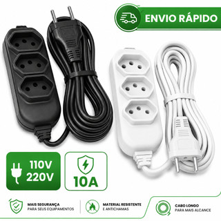 Extensão Elétrica Tripolar Bivolt 2m a 10m 10A Preta Resistente