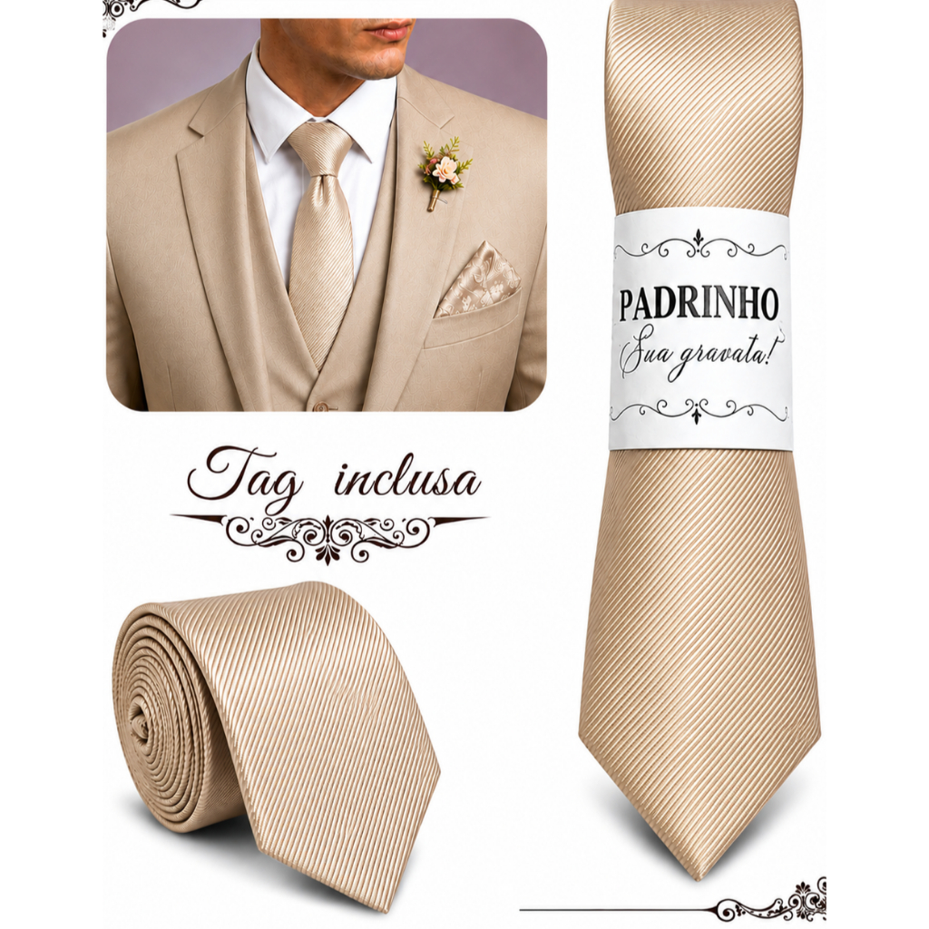 Kit 04 a 20 Gravatas Bege Slim Para Padrinhos e Casamento