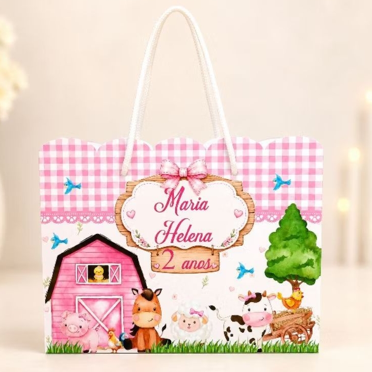 Sacola Personalizada Fazendinha rosa lembrancinha de aniversário pegue e monte