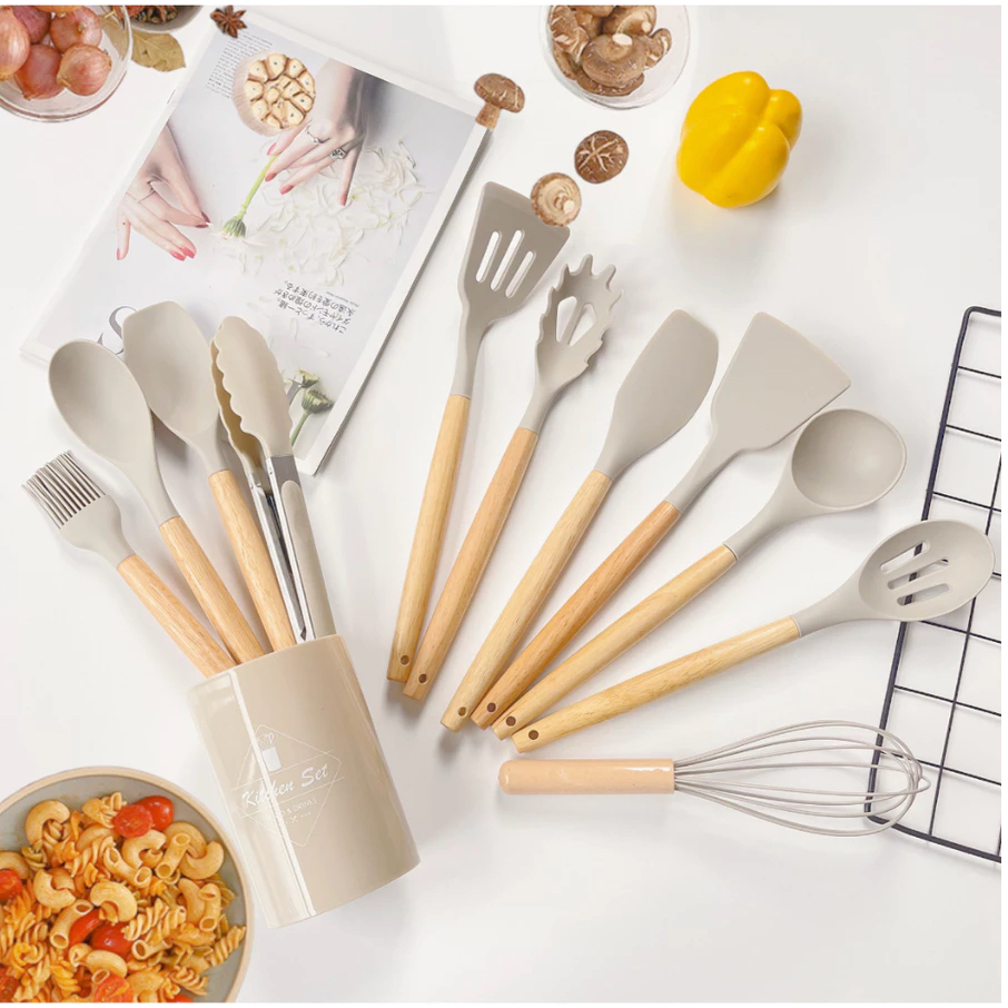 Jogo de Cozinha Kit 12/19 Peças Utensílios de Cozinha em Silicone e Cabo de Madeira Antiaderente