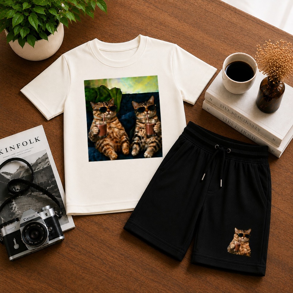 Conjunto Infantil Masculino Camiseta Estampada Gatinhos + Short Moletinho com Cordão | Confortável e Estiloso