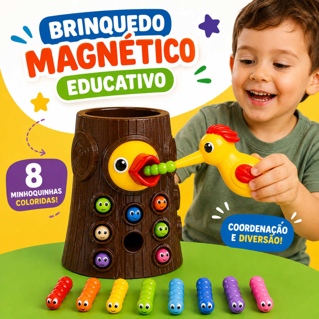 Brinquedo Pica Pau Magnético Pega Minhocas Montessori Kids Coordenação Motora