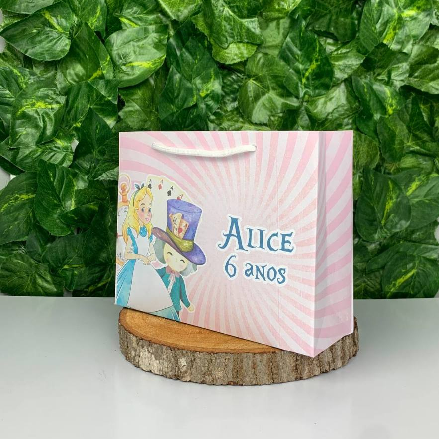 Sacolinha Personalizada Alice no País das Maravilhas Rosa Lembrancinha para Festa Infantil