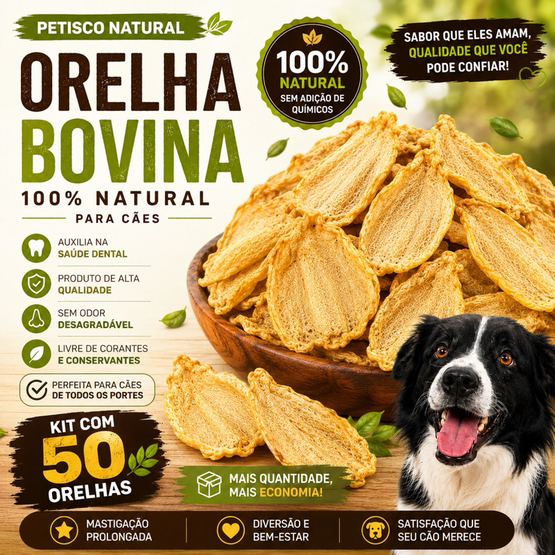 Kit 50 Orelhas Bovina para Cachorro Petisco Natural Mordedor Premium