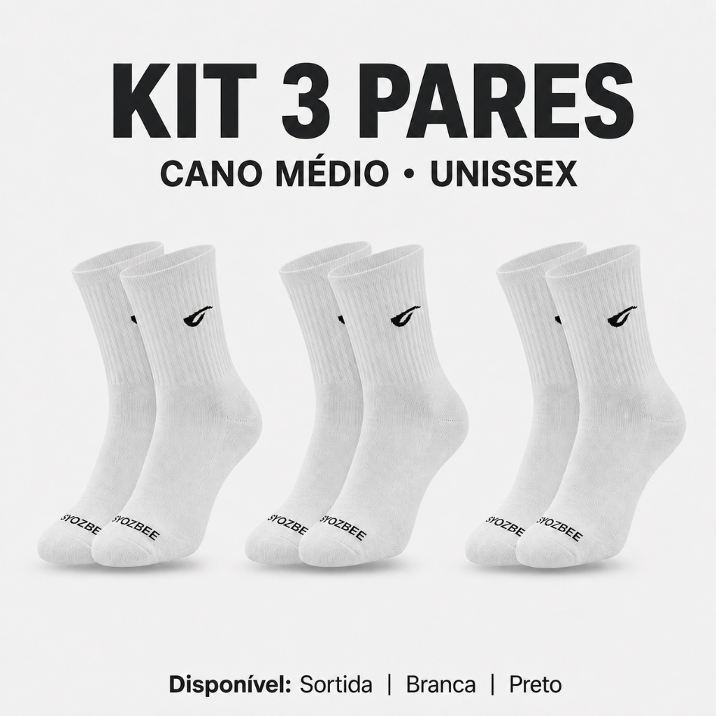 Kit 3 Pares de Meias Cano Médio Unissex Algodão Esportivas 34/39 39/43 Syozbee