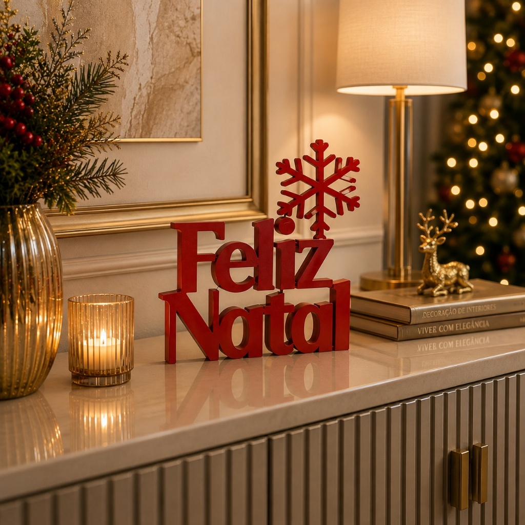 Letreiro Decorativo Feliz Natal com Floco de Neve Enfeite Natalino para Mesa Aparador e Decoração de Natal