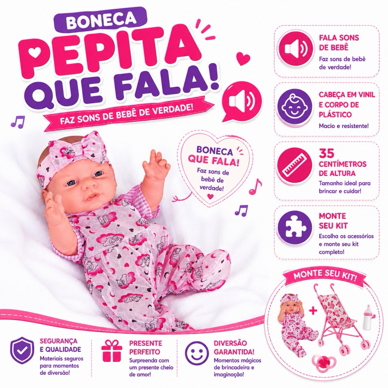 Boneca Com Chupeta Pepita Com Mamadeira Com Sons De Bebê Com Carrinho Milk Fofa Que Fala Kit Medica