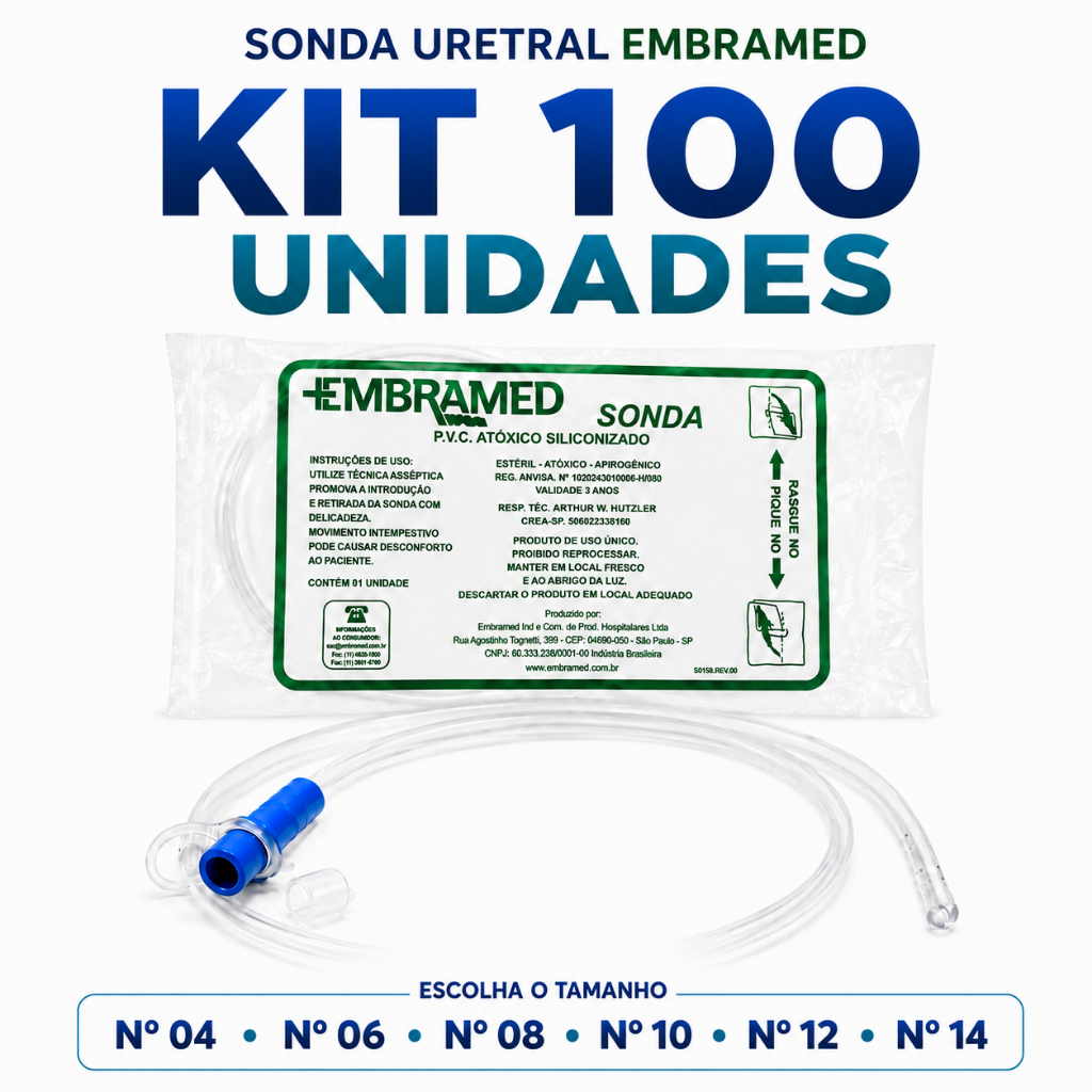 Sonda Uretral de Alívio Embramed nº 04, 06, 08, 10, 12 e 14 (100 unidades)
