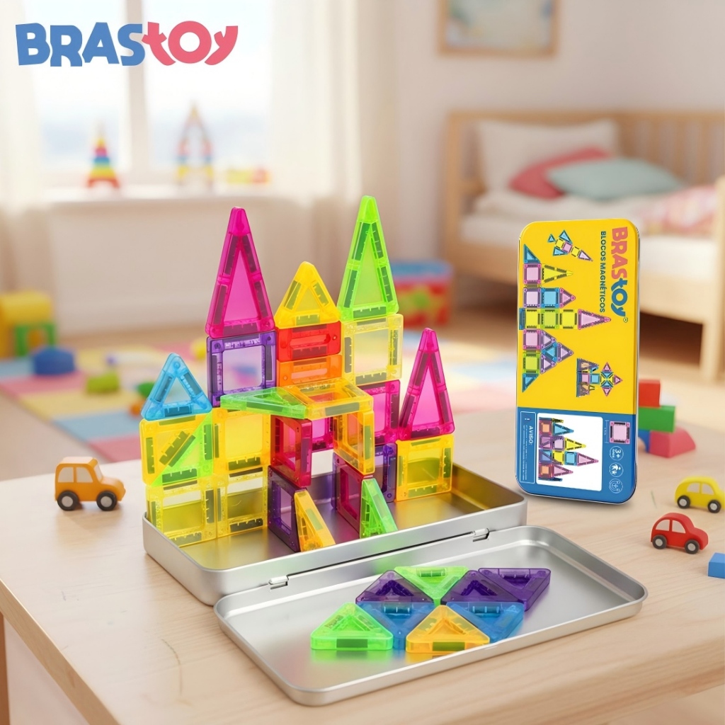 BRASTOY Kit de Blocos Magnéticos Transparentes Coloridos para Crianças 38 Peças Pequenas Embalagem de Lata  Presente