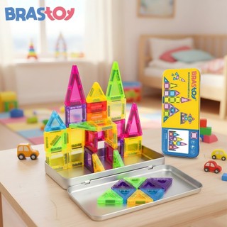 BRASTOY Kit de Blocos Magnéticos Transparentes Coloridos para Crianças 38 Peças Pequenas Embalagem de Lata Presente