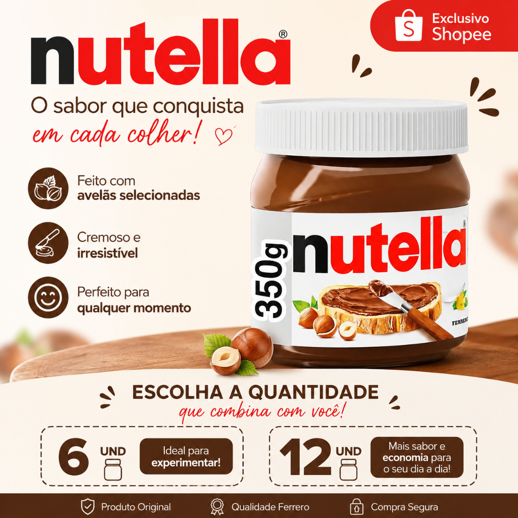 KIT Creme de Avelã Nutella 350g Original Ferrero (Kits em Caixa com 6 e 12 Unidades)