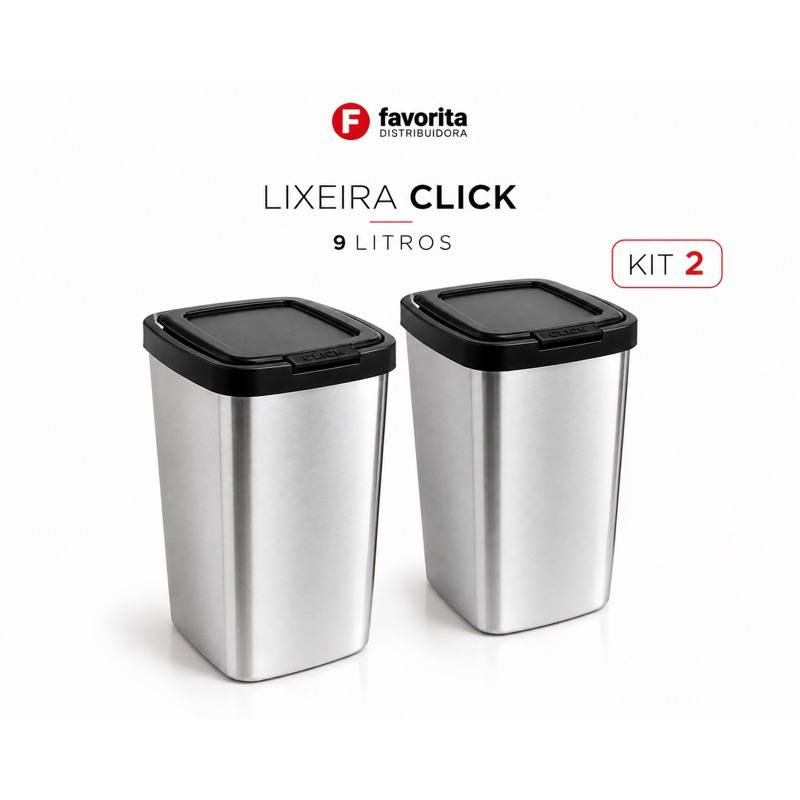 Kit 2 Lixeiras Práticas 9 Litros Prata Com Tampa Click Label Inox- Para Escritório, Cozinha, Banheiro e Etc - TOY 25462